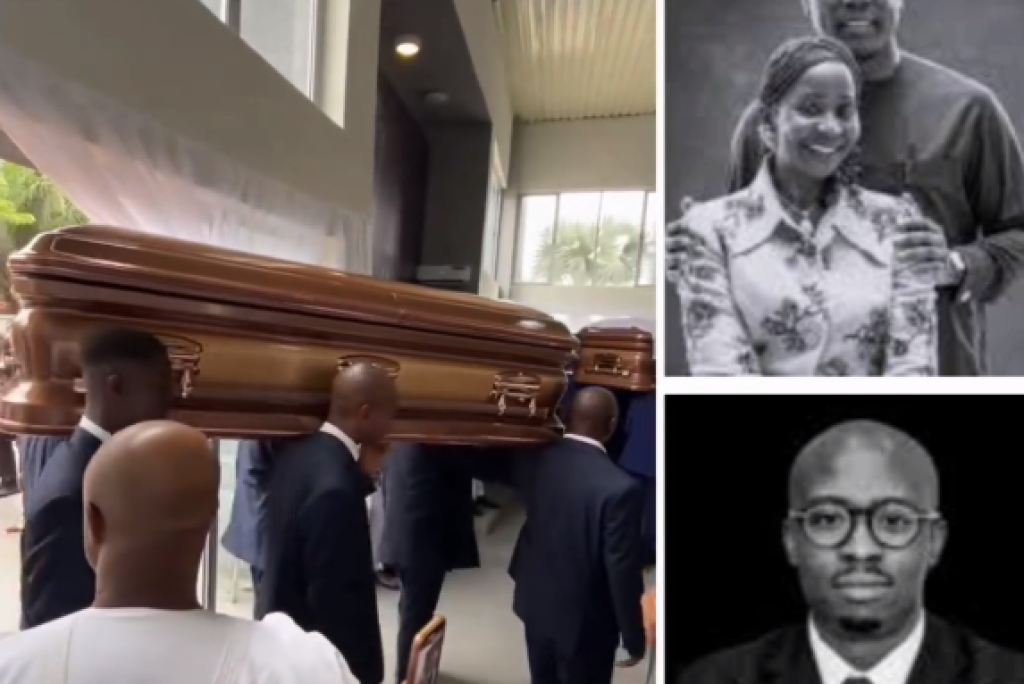 The remains of the deceased bank executive, Herbert Wigwe, along with his wife Chizoba and son Chizzy, are brought to the church for the funeral service (video).