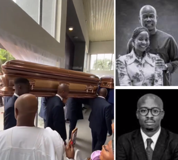 The remains of the deceased bank executive, Herbert Wigwe, along with his wife Chizoba and son Chizzy, are brought to the church for the funeral service (video).